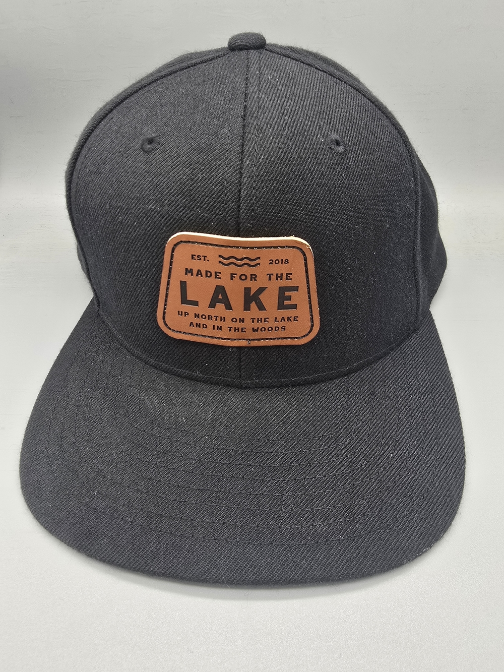 "Made For The Lake" Black Snapback Hat with Brown Leather Patch